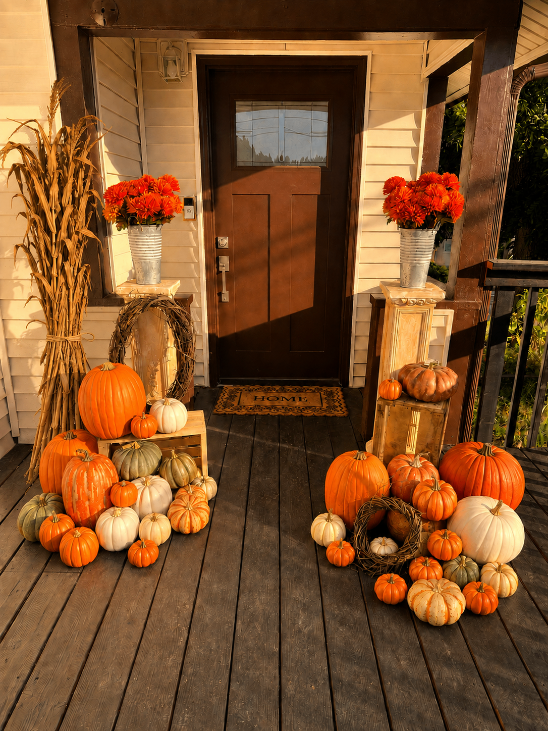 Front porch decorated with pumpkins, hay bales and corn stalks at golden hour